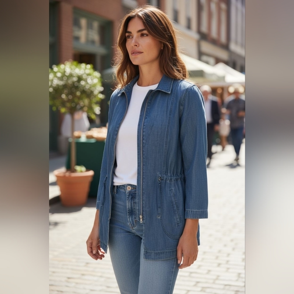 J. Jill Tencel chambray denim cinch waist jacket blue sz small